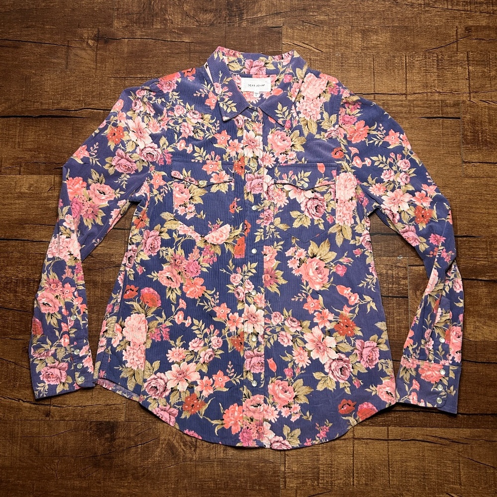 Dear John Corduroy Pearl Snap Shirt Womens L Pink Blue Floral Western Cowgirl